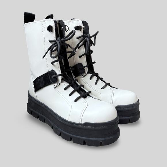 UGG Sheena White Leather Platform Combat Boots - Picture 1 of 8